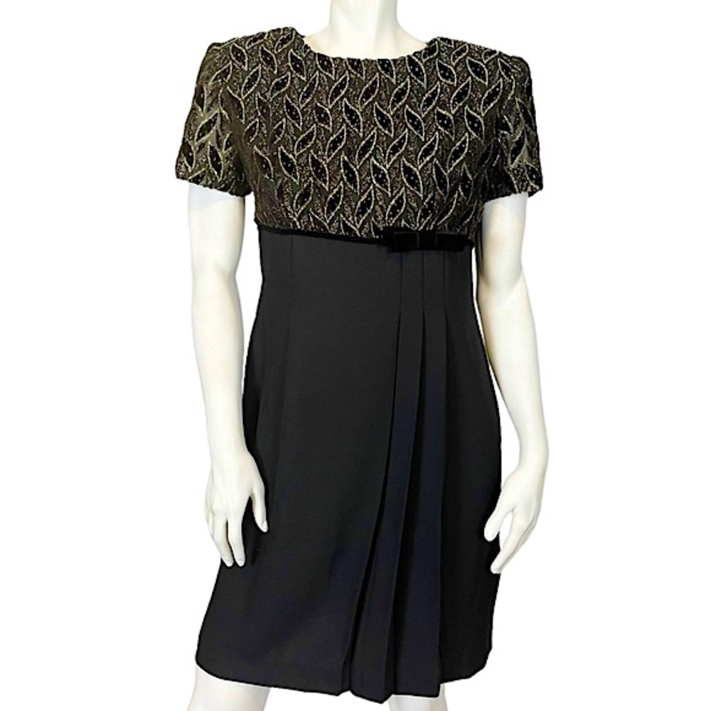 VINTAGE 90’s Black Metallic Gold Velvet Empire Waist Short Sleeve Mini Dress